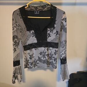 INC International Concepts Women's Black and Grey Lace Blouse